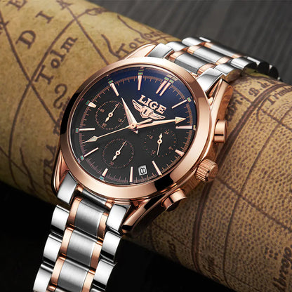 LIGE Men's Sports Quartz Watch with Multi-Function Steel Band