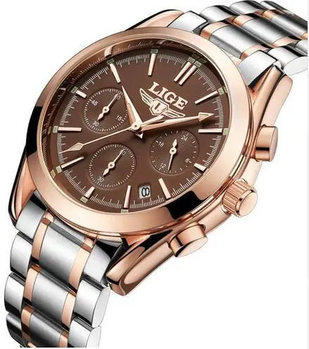LIGE Men's Sports Quartz Watch with Multi-Function Steel Band