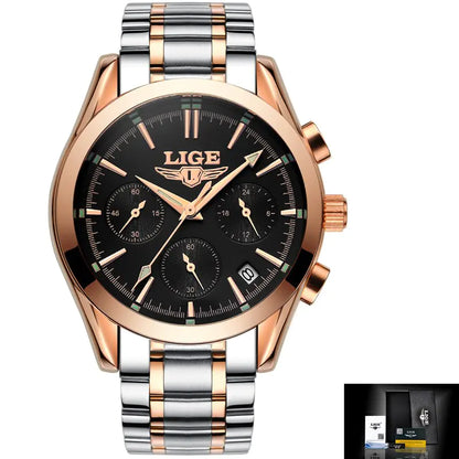 LIGE Men's Sports Quartz Watch with Multi-Function Steel Band