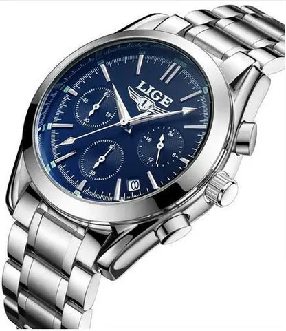 LIGE Men's Sports Quartz Watch with Multi-Function Steel Band