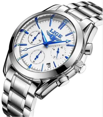 LIGE Men's Sports Quartz Watch with Multi-Function Steel Band