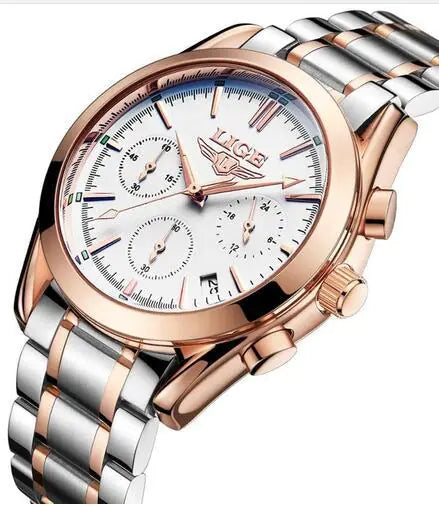 LIGE Men's Sports Quartz Watch with Multi-Function Steel Band