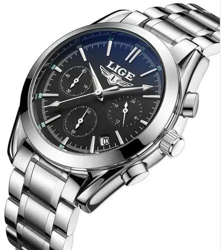 LIGE Men's Sports Quartz Watch with Multi-Function Steel Band